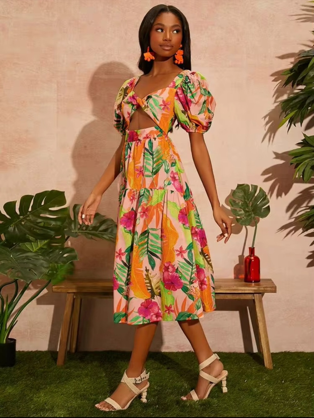 SHEIN VCAY Tropical Print Twist Front Cutout Dress
